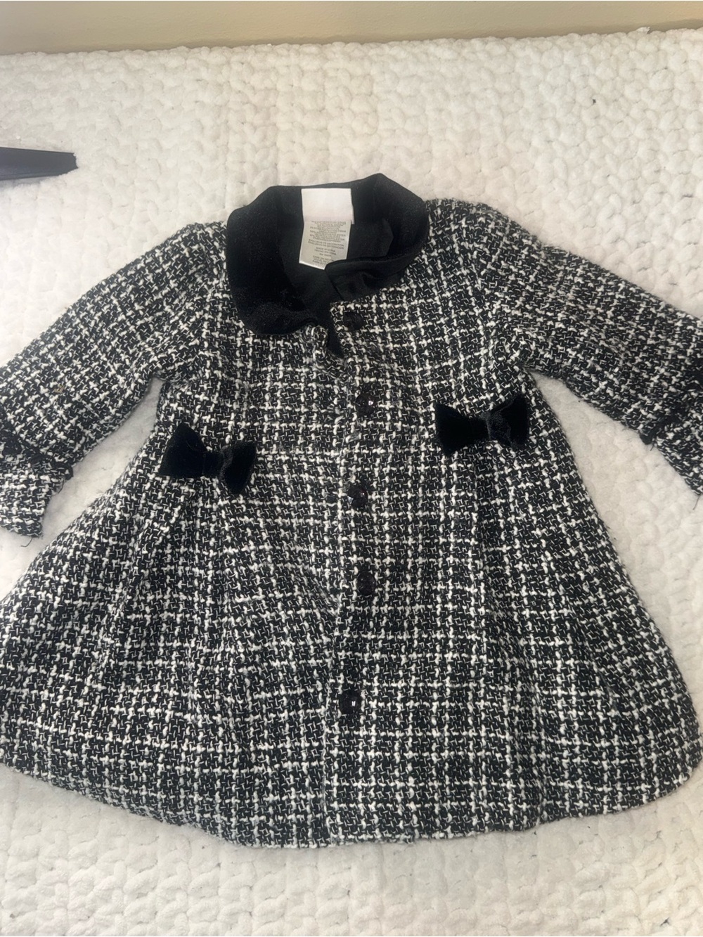 Nanette Baby Black and White Tweed Pea Coat with Velvet Bows